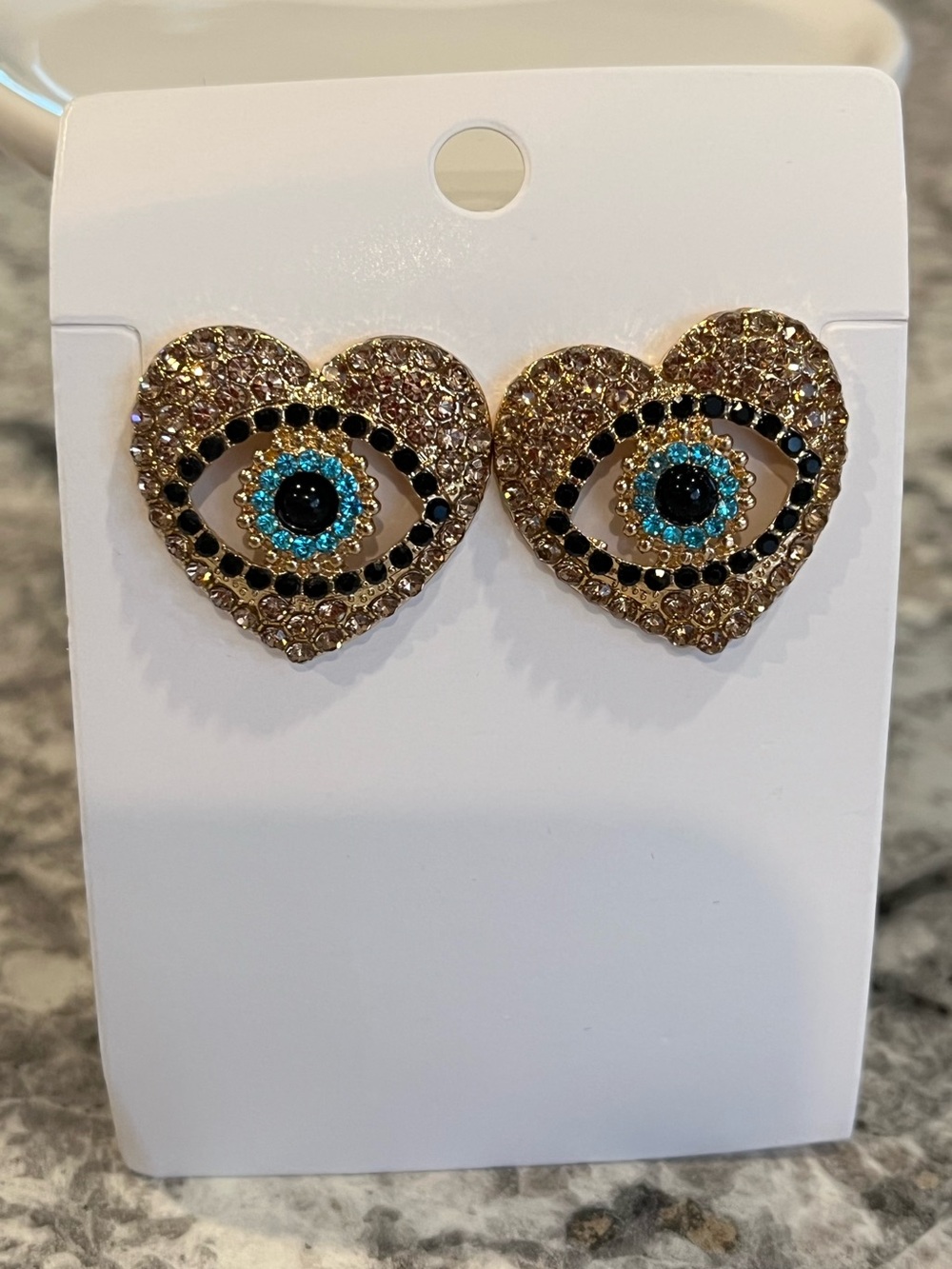 Heart-Shaped Evil Eye Stud Earrings - Gold-Tone with Blue & Black Accents